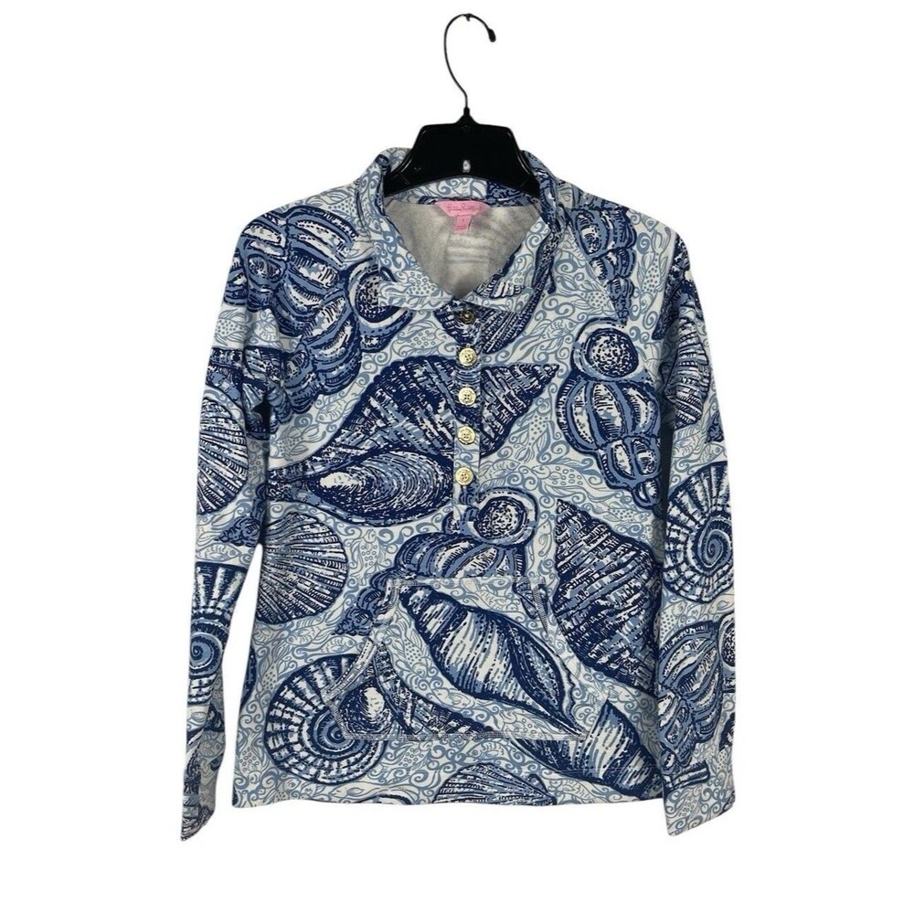 Lilly Pulitzer Seashell Print Popover Sweatshirt S Blue White Coastal Beach